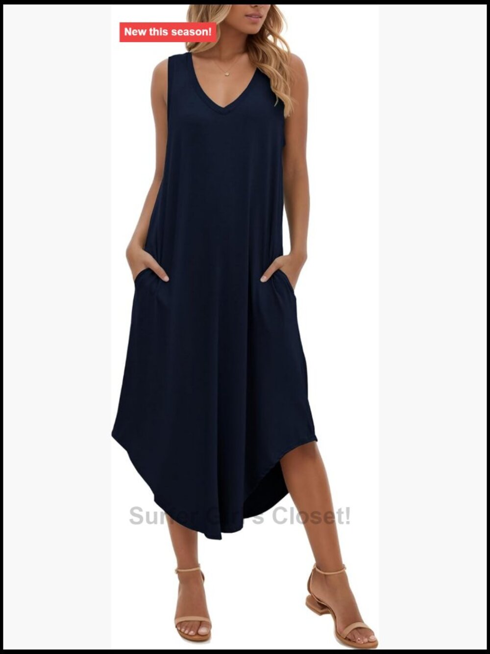 Sleeveless V Neck Maxi Dress with Pockets Flowy Rayon Spandex Summer